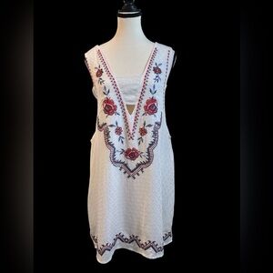 Weavers White Mini Dress with Red Floral Embroidery